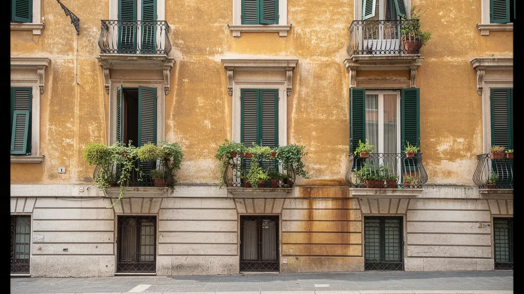 Facciata elegante palazzo residenziale romano con persiane e balconi in ferro battuto, quartiere Prati Roma