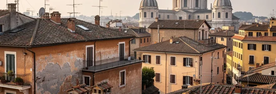 Vista panoramica tetti romani in terracotta con cupole e terrazze, quartiere residenziale Roma