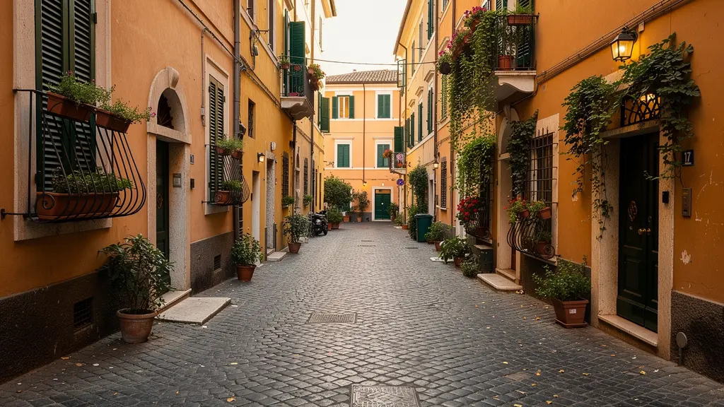 Via residenziale caratteristica di Roma Trastevere con sampietrini e palazzi color ocra