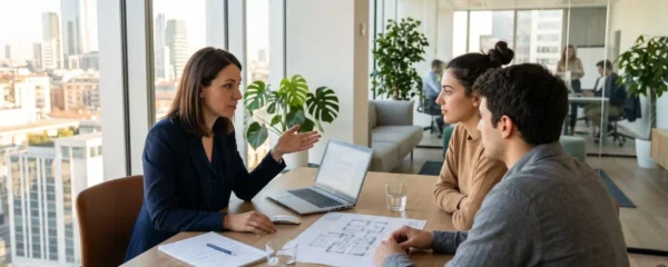 Un agente immobiliare di profilo discute con una coppia di clienti seduti attorno a un tavolo moderno in un ufficio luminoso a Milano, laptop semi-aperto con schermo sfocato