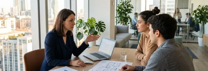 Un agente immobiliare di profilo discute con una coppia di clienti seduti attorno a un tavolo moderno in un ufficio luminoso a Milano, laptop semi-aperto con schermo sfocato