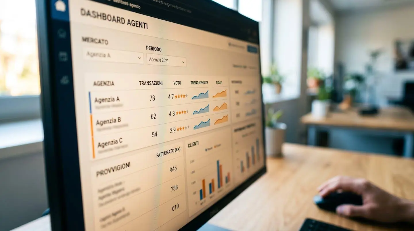 Primo piano ravvicinato di uno schermo di computer che mostra un'interfaccia di comparazione agenzie con numeri di transazioni, stelle di valutazione e grafici sfocati, mano su mouse laterale appena visibile