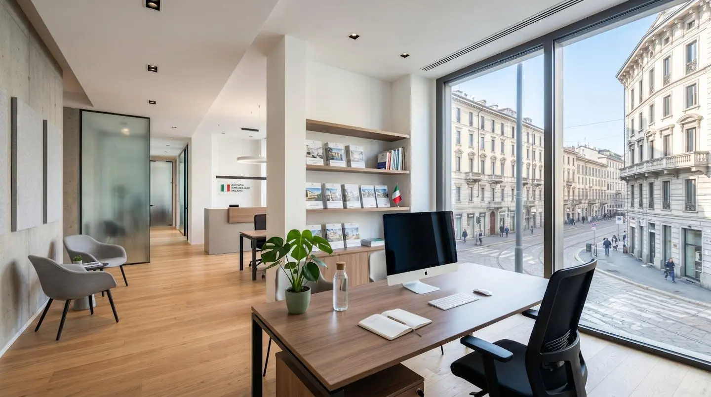 Veduta grandangolare di un ufficio moderno di agenzia immobiliare a Milano, ambiente pulito con scrivania ordinata e computer, ampi finestroni con luce naturale abbondante, nessuna presenza umana